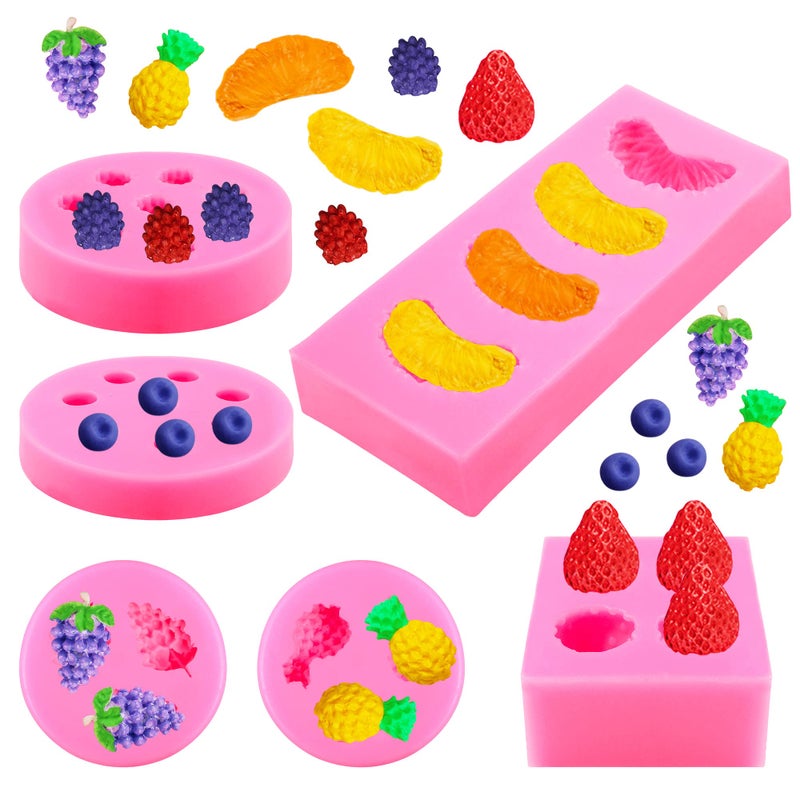 HKACSTHI 6 Pieces Fruit Fondant Molds Fruit Shaped Silicone 3D Strawberry Mold Fruit Silicone Molds Orange Pineapple Mulberry Blueberry Grape Fondant Molds for Jelly Cupcake Decorating - Image 1